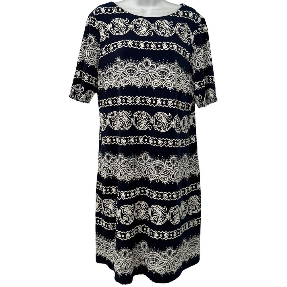 R&K Navy Blue White Lace Accents Shift Knee Length Dress Size 12 Professional